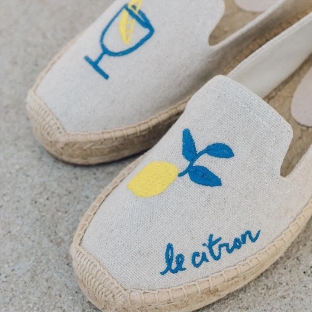 Soludos Limoncello Smoking Espadrille In Sand/Tan  “Le Citron” Embroidery SZ 6